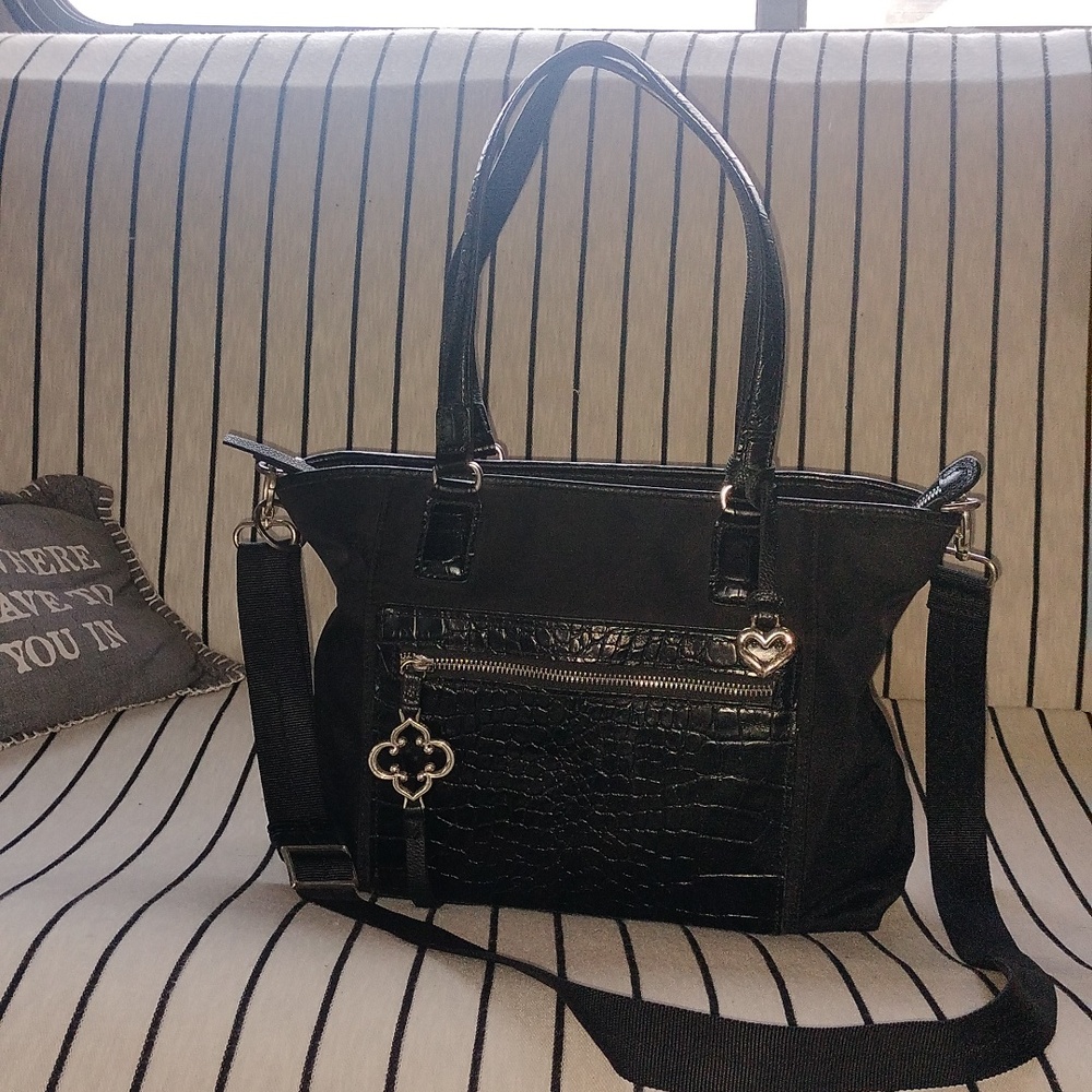 Brighton black nylon and black croc embossed leather tote bag.